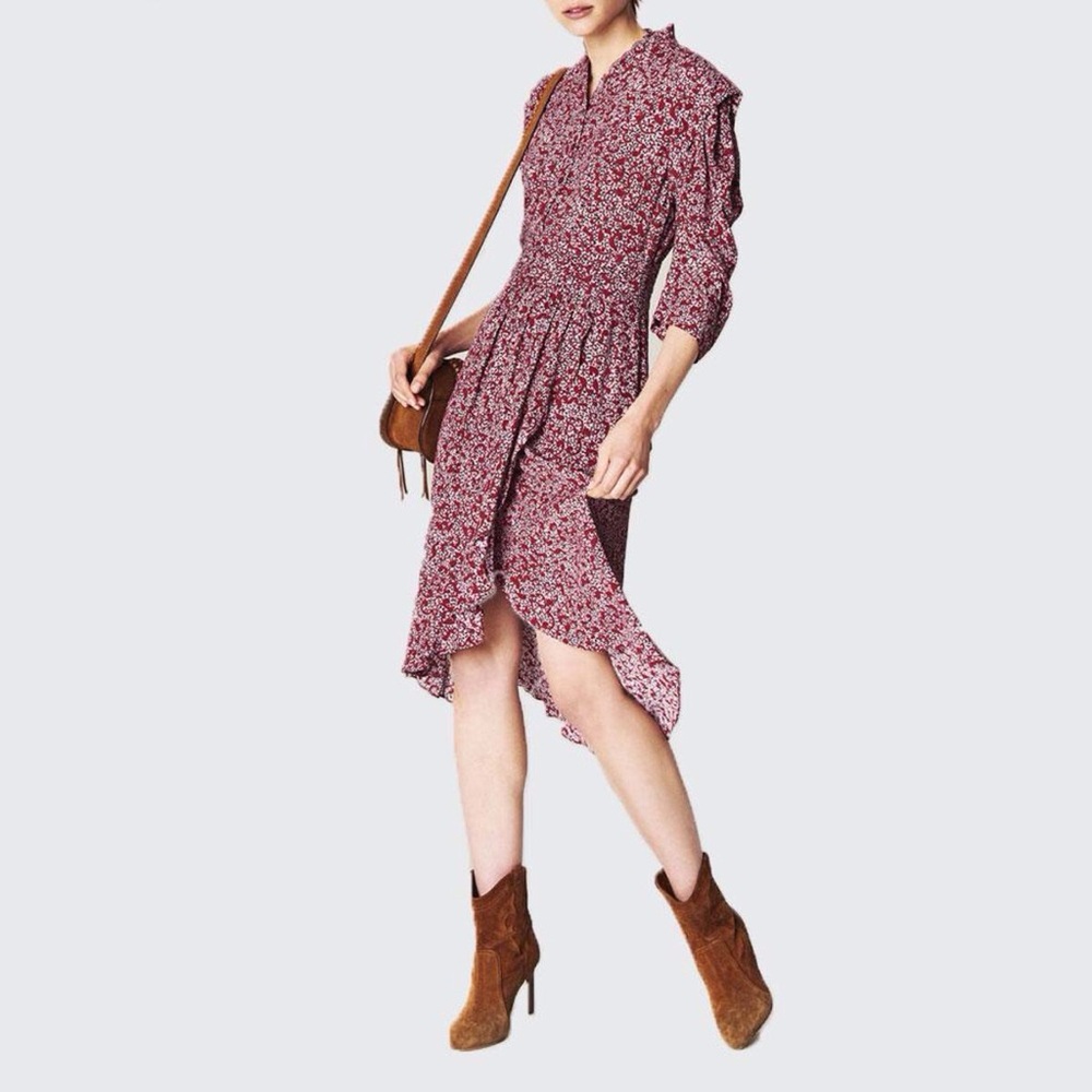 ba&sh Chelsea Carmin Floral Asymmetrical Ruffled Midi Dress